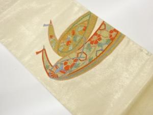 作家物　引箔パッチワーク絽刺し抽象鳥模様袋帯